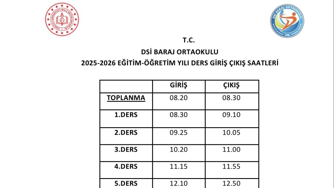 2025-2026 Eğitim-Öğretim Yılı Ders Giriş Çıkış Saatleri