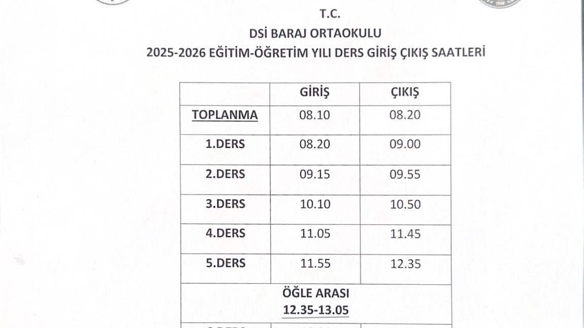 2025-2026 Eğitim-Öğretim Yılı Ders Giriş Çıkış Saatleri